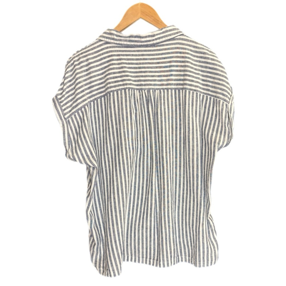Orvis blue & white striped cap sleeve button up linen blend top - Picture 3 of 4